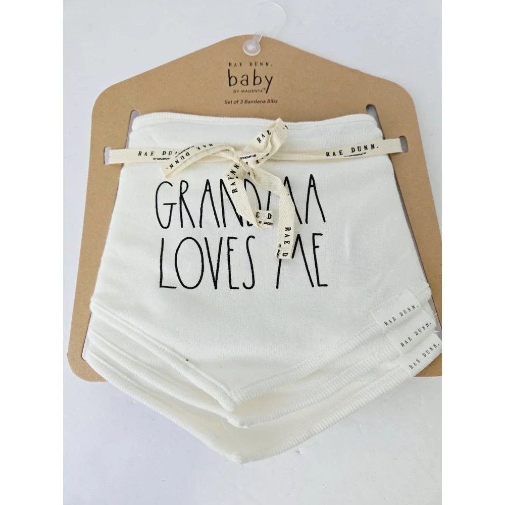 Rae Dunn  Baby Bib Set Grandma Loves Me NEW set of 3 Bandana Bibs